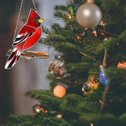 Hand Painted Red Cardinal Stained Glass on Branch Suncatcher Indoor Window Hanging Bird Ornament Garden Decor Cardinal Memorial Gifts for Women Bird Lovers Mom