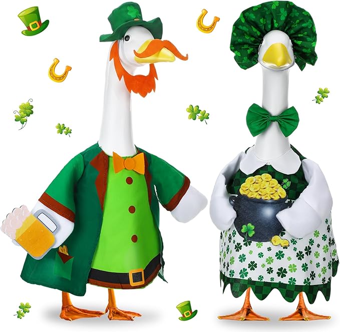 Abbylike 2 Sets St Patrick's Day Porch Goose Outfit Lucky Leprechaun Shamrock Goose Clothes Costume with Mini Black Candy Cauldron Clover for 23" Statue Saint Patty's Day Outdoor Patio Yard Lawn Decor