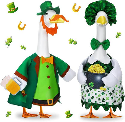 Abbylike 2 Sets St Patrick's Day Porch Goose Outfit Lucky Leprechaun Shamrock Goose Clothes Costume with Mini Black Candy Cauldron Clover for 23" Statue Saint Patty's Day Outdoor Patio Yard Lawn Decor