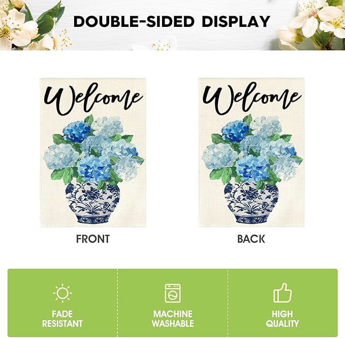 AVOIN colorlife Spring Hydrangea Floral Welcome Garden Flag 12x18 Inch Double Sided Outside, Blue and White Chinoiserie Seasonal Yard Outdoor Flag