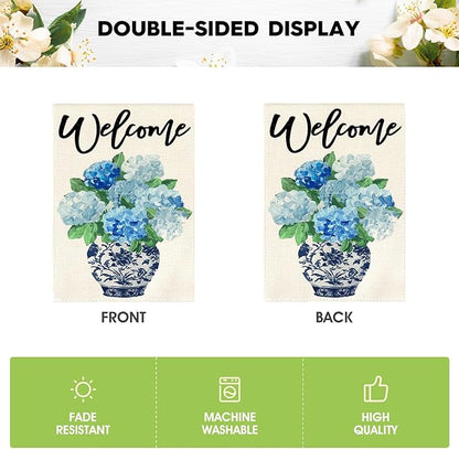 AVOIN colorlife Spring Hydrangea Floral Welcome Garden Flag 12x18 Inch Double Sided Outside, Blue and White Chinoiserie Seasonal Yard Outdoor Flag