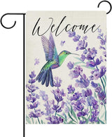 Dyrenson Welcome Spring Summer Hummingbird Lavender Decorative Garden Flag, Purple Flower Floral Yard Outside Home Decorations, Seasonal Burlap Outdoor Small Decor Double Sided 12 x 18