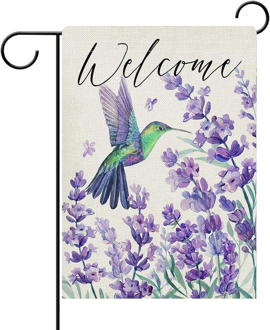 Dyrenson Welcome Spring Summer Hummingbird Lavender Decorative Garden Flag, Purple Flower Floral Yard Outside Home Decorations, Seasonal Burlap Outdoor Small Decor Double Sided 12 x 18