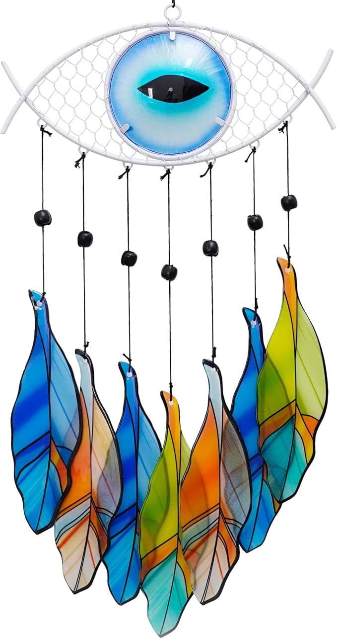 Metal Evil Eye Wind Chime，Evil Eye Wall Art Decor Colorful Glass and Metal Spiritual Wind Chimes for Outdoor Patio, Balcony, Garden, and Yard
