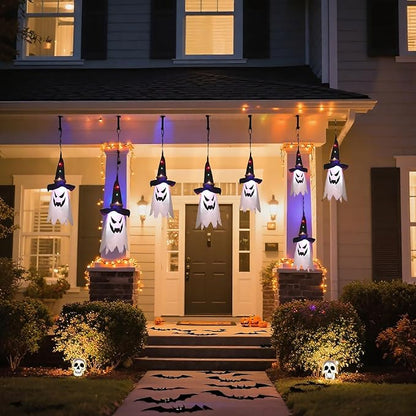 Glowing Ghost Witch Hat Halloween Decorations, Hanging String Lights with 3Modes, Easter Outdoor/Indoor Scary Decor, Double-Sided Ghost Face Ornaments for Tree, Yard, Haunted Trails, Party, 2 Pcs