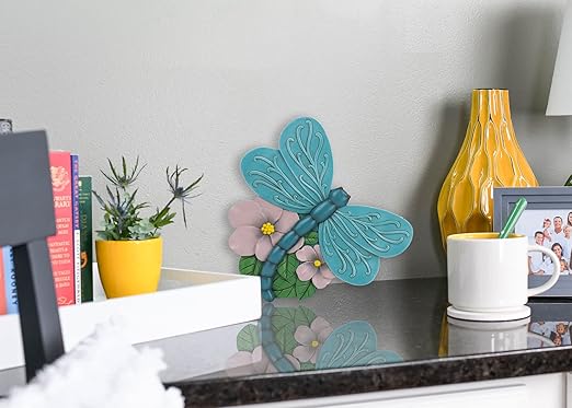 Magnolia Garden 12-Inch Sculpted Teal Dragonfly Decorative Stepping Stone – 3D Floral Resin Garden Walkway Tile – Vibrant Winged Insect Outdoor Accent