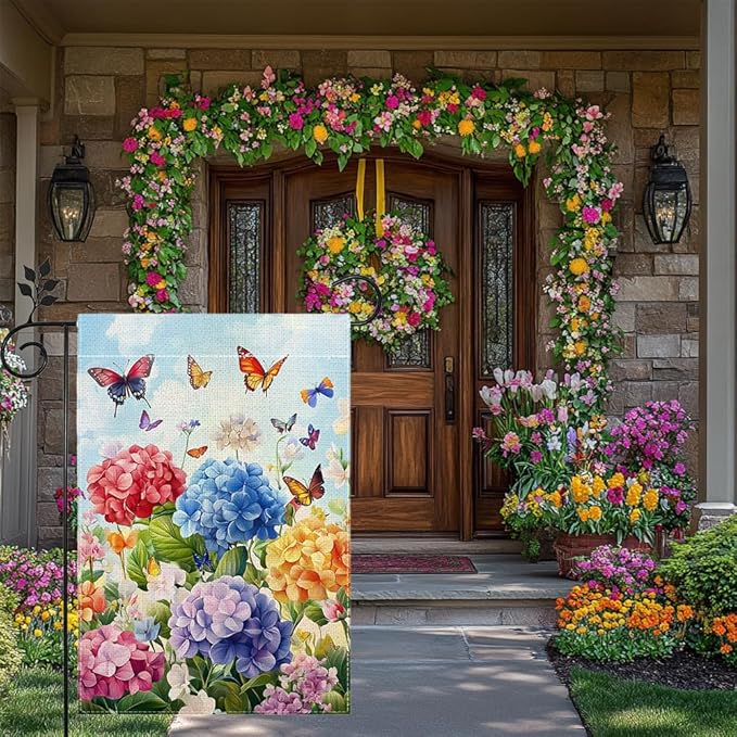 Hydrangea Garden Flag 12x18 Double Sided, Spring Summer Floral Welcome Yard Decor, Farmhouse Outdoor Flag for Lawn Patio Porch