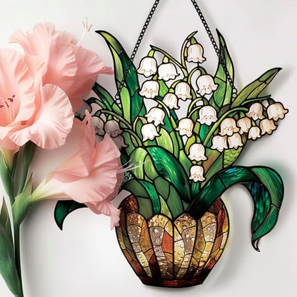Lily of The Valley Acrylic Window Hanging,Colorful Flowerpot Hanging,Stained Acrylic Lily of Valley Sun Catcher for Home Office Wall Window Decor