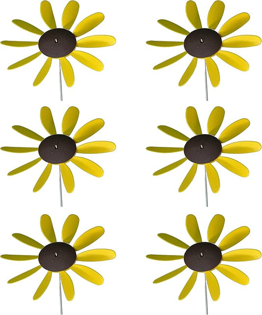 Beloit Plastics 12" Diameter Sunflowers/Daisy (6 Pack),24" Tall Pinwheel and Wind Spinner for Garden, Lawn, or Patio,Flower Vibrations May Irritate Moles - Front or Back Yard Decoration,USA Made
