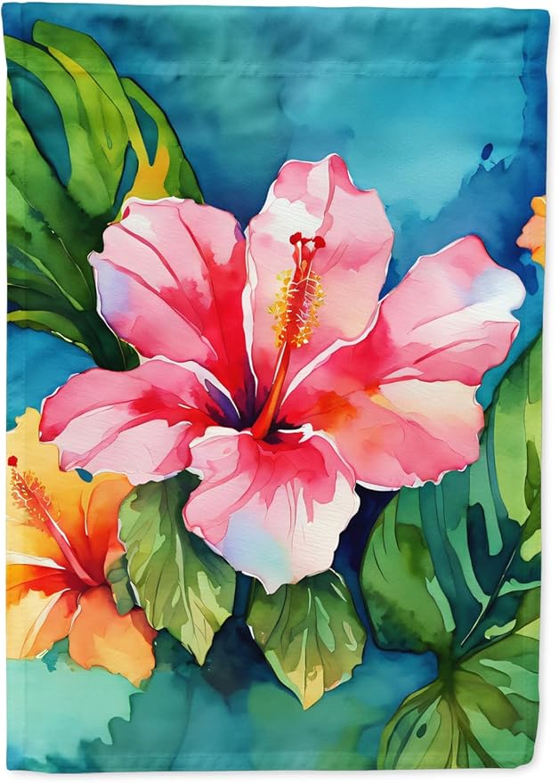 Caroline's Treasures Hawaii Hawaiian Hibiscus in Watercolor House Flag Large Porch Sleeve Pole Decorative Outside Yard Banner Artwork Wall Hanging, Polyester, House Size, Multicolor