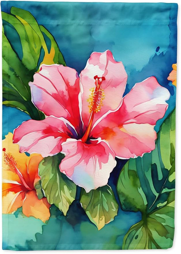 Caroline's Treasures Hawaii Hawaiian Hibiscus in Watercolor House Flag Large Porch Sleeve Pole Decorative Outside Yard Banner Artwork Wall Hanging, Polyester, House Size, Multicolor
