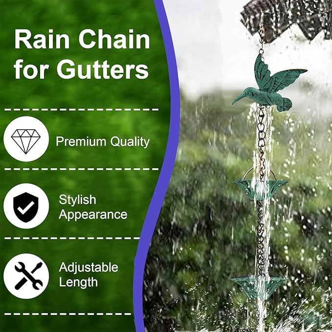 8.5FT Rain Chain for Gutters, Rain Chains for Outside with 7 Cups + 7 Birds, Rustproof Rain Catcher Chain, Replacement for Downspout (Blue Bird)