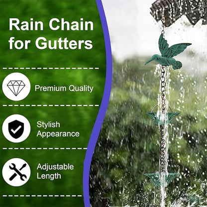 8.5FT Rain Chain for Gutters, Rain Chains for Outside with 7 Cups + 7 Birds, Rustproof Rain Catcher Chain, Replacement for Downspout (Blue Bird)