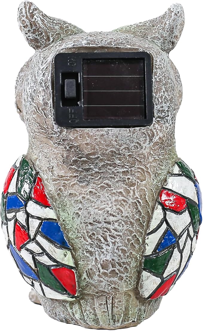 Solar Garden Owl Statue - Decorative Owl Figurine with Solar Powered Eyes, Gray Stone-Look Finish for Outdoor Decor