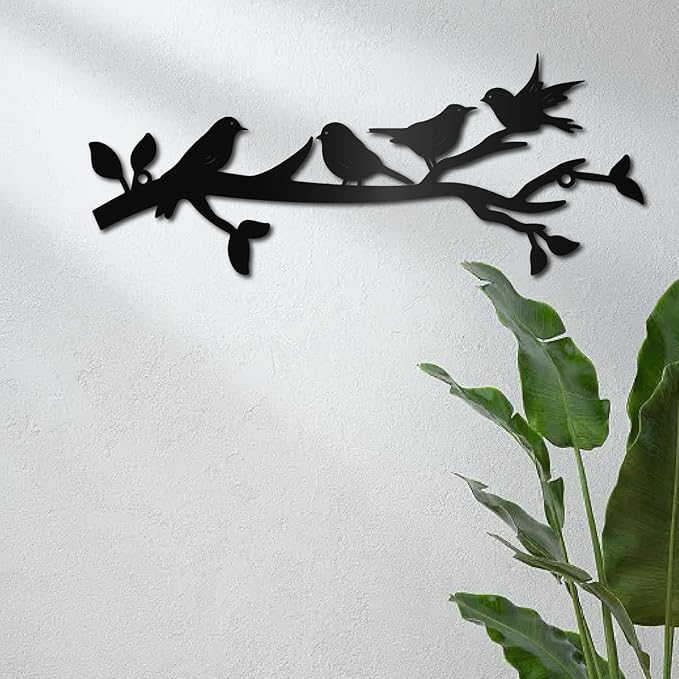 CREATCABIN Metal Bird Wall Art Birds on The Branch Wall Decor Black Leaves with Birds Hanging Sign Ornament Sculpture Bird Branch Silhouette Wall Decoration for Garden Balcony Bedroom 11.8x4.7Inch