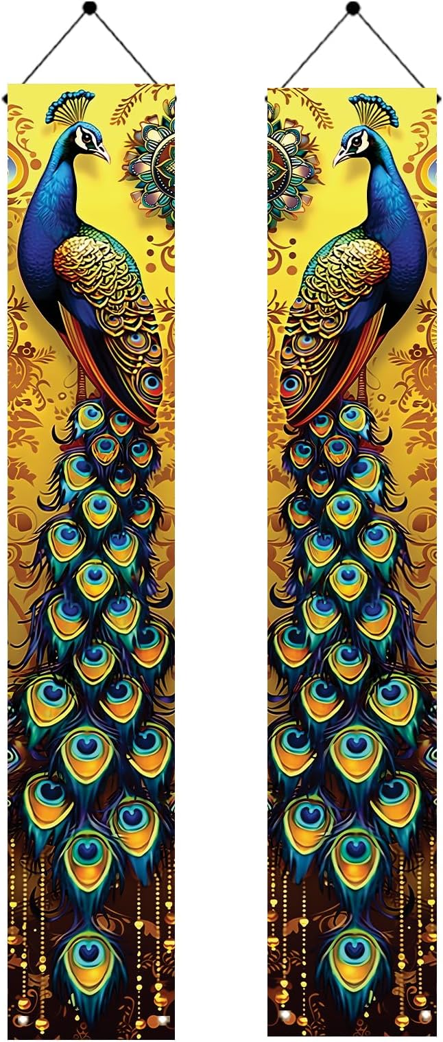 Peacock Porch Banners 180x30 CM Elegant Golden Peacock Decorations Hanging Door Signs Outdoor Home Decor Entryway Welcome Banner for Porch Patio Garden Party
