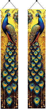 Peacock Porch Banners 180x30 CM Elegant Golden Peacock Decorations Hanging Door Signs Outdoor Home Decor Entryway Welcome Banner for Porch Patio Garden Party