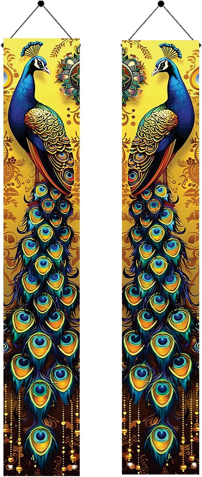 Peacock Porch Banners 180x30 CM Elegant Golden Peacock Decorations Hanging Door Signs Outdoor Home Decor Entryway Welcome Banner for Porch Patio Garden Party