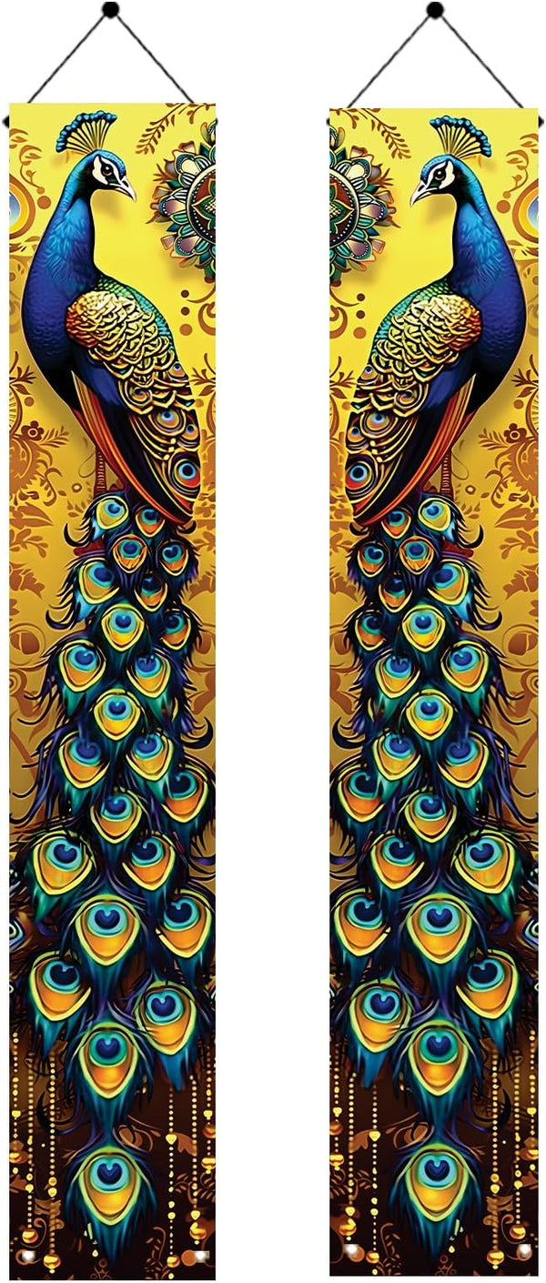 Peacock Porch Banners 180x30 CM Elegant Golden Peacock Decorations Hanging Door Signs Outdoor Home Decor Entryway Welcome Banner for Porch Patio Garden Party