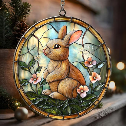 Earthy Tiffany Bunny Floral Art Acrylic Suncatcher Stained Glass Effect Window Car Hanging Christmas Ornament Indoor Outdoor Decor Garden Sun Catcher Panel for Easter Lover for Women Mom Grandma