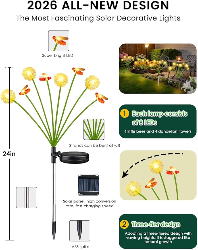 Solar Garden Lights Outdoor ,8 Pack 64 LED, Solar Swaying Dandelion Bee Lights Waterproof, Swaying Firefly Lights for Yard Pathway Lawn Patio Decorations, 2 modes (Steady on, Slow Twinkle), Warm White