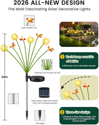 Solar Garden Lights Outdoor (10 Pack 80 LED), Solar Swaying Dandelion Bee Lights Waterproof, Cute Flower Pathway Lights for Yard Lawn Patio Decorations, 2 modes (Steady on, Slow Twinkle), Warm White