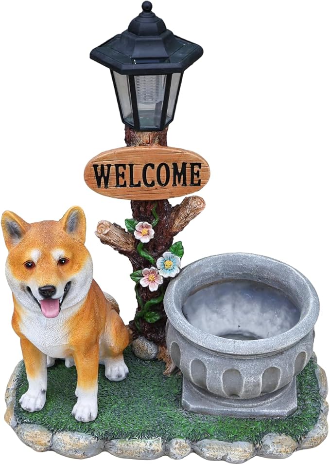 Solar Light Animal Outdoor Statue Planter with Welcome Sign, Resin Garden Sculpture Flower Pot for Patio Lawn Porch Yard Courtyard Decor, Weather-Resistant Decorative Figurine Accent (J)