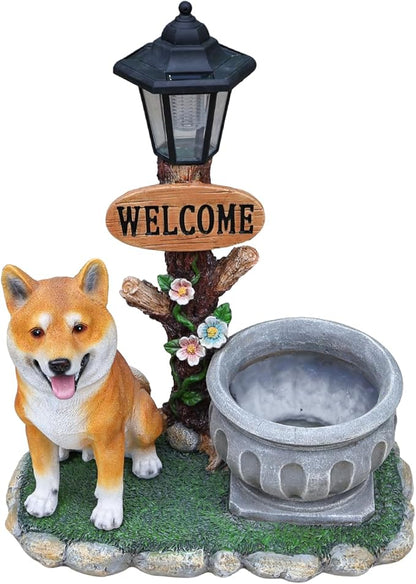 Solar Light Animal Outdoor Statue Planter with Welcome Sign, Resin Garden Sculpture Flower Pot for Patio Lawn Porch Yard Courtyard Decor, Weather-Resistant Decorative Figurine Accent (J)