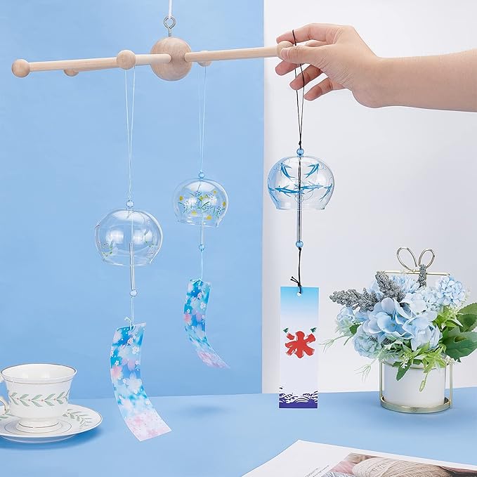 BENECREAT 3Pcs 3 Style Animal Pattern Japanese Wind Chimes, Light Sky Blue Glass Wind Bells Handmade Pendants for Birthday Gift and Home Decors