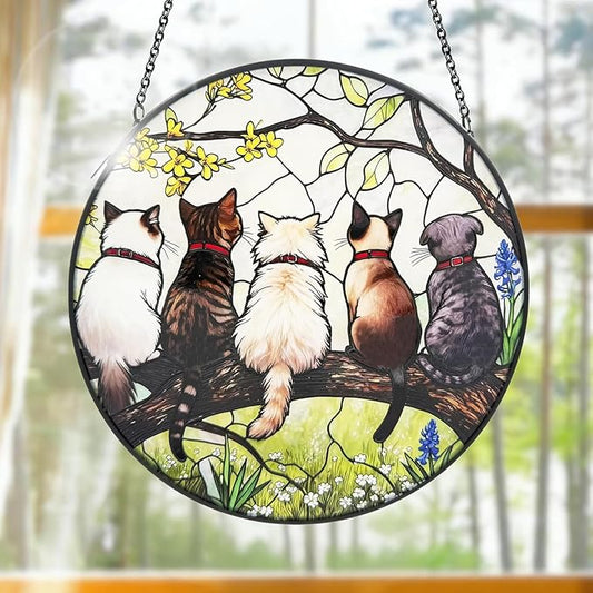 Stained Glass Suncatchers for Windows, 8 in Stained Glass Sun Catchers Indoor Window, Cat Suncatchers for Home Decor, Garden, Patio, Gift for Cat Lovers
