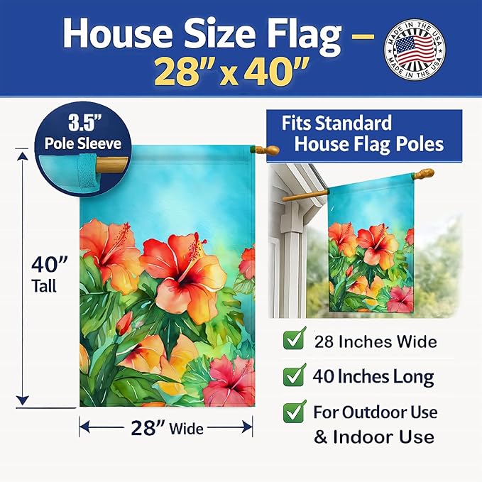 Caroline's Treasures Hawaii Hawaiian Hibiscus in Watercolor House Flag Large Porch Sleeve Pole Decorative Outside Yard Banner Artwork Wall Hanging, Polyester, House Size, Multicolor