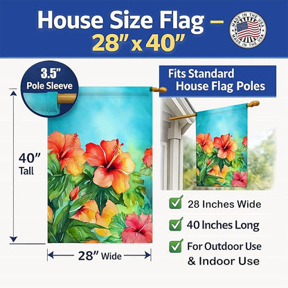 Caroline's Treasures Hawaii Hawaiian Hibiscus in Watercolor House Flag Large Porch Sleeve Pole Decorative Outside Yard Banner Artwork Wall Hanging, Polyester, House Size, Multicolor