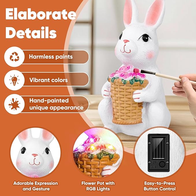Brightever Solar Powered Garden Statues- Bunny Figurines for Spring & Mother's Day, Outdoor Rabbit Statue with Colorful LED Lights for Patio, Balcony, Lawn, Birthday Gifts for Women, Mom, Female