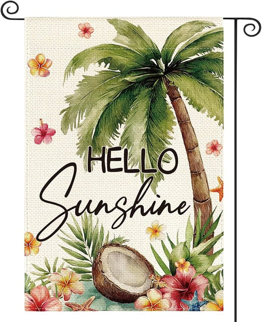 AVOIN colorlife Summer Tropical Palm Tree Garden Flag 12x18 Inch Double Sided Outside, Hello Sunshine Seasonal Burlap Yard Outdoor Decoration