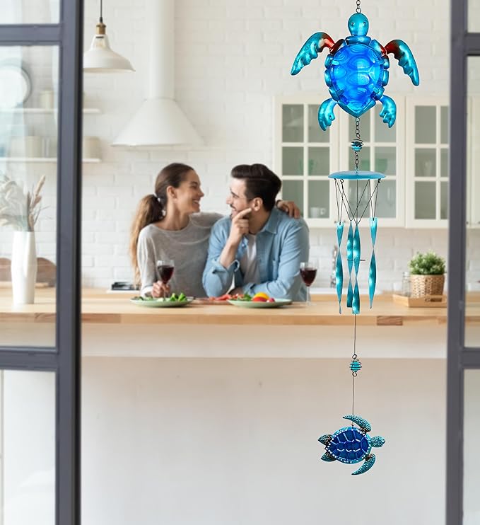 CoTa Global Blue Sea Turtle Wind Chime - Handcrafted Glass and Metal Chime - Hanging Sea Turtle Decoration for Indoor and Outdoor Spaces, Hanging Ocean Animal Windchime Decor Gift - 35 Inches