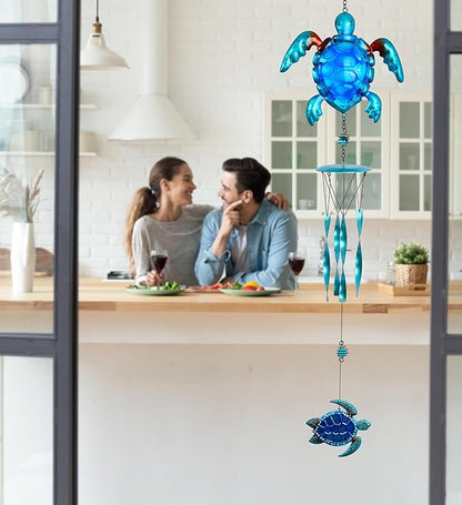 CoTa Global Blue Sea Turtle Wind Chime - Handcrafted Glass and Metal Chime - Hanging Sea Turtle Decoration for Indoor and Outdoor Spaces, Hanging Ocean Animal Windchime Decor Gift - 35 Inches