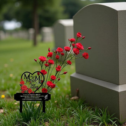 AIM & GGKK Metal Memorial Grave Marker for Mom - Heart Shaped Cemetery Decoration with Roses, Forever in Our Hearts Verse - 12.2" Tall Garden Stake for Gravesite