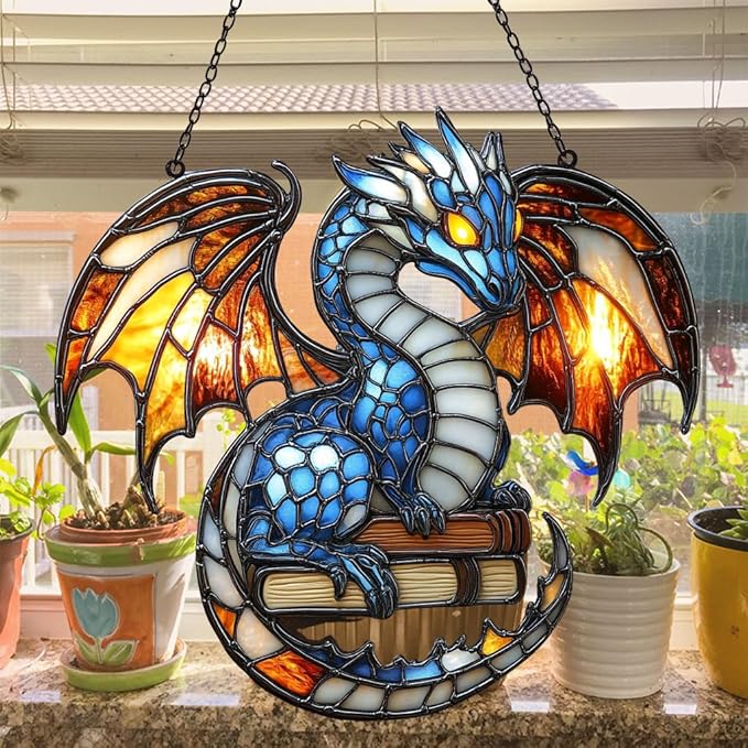 Elder Mythical Dragon Acrylic Suncatcher Stained Glass Effect Window Car Hanging Christmas Ornament Indoor Outdoor Decor Garden Sun Catcher Panel for Dragon Lover for Women Mom Grandma