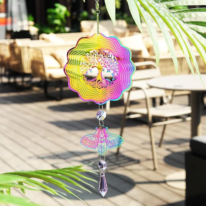 Tree of Life Wind Spinner Suncatcher Metal Colorful Wind Chimes for Outside Durable 3D Stainless Steel Wind Sculpture Hanging Art Ornaments for Garden Yard Balcony Decor