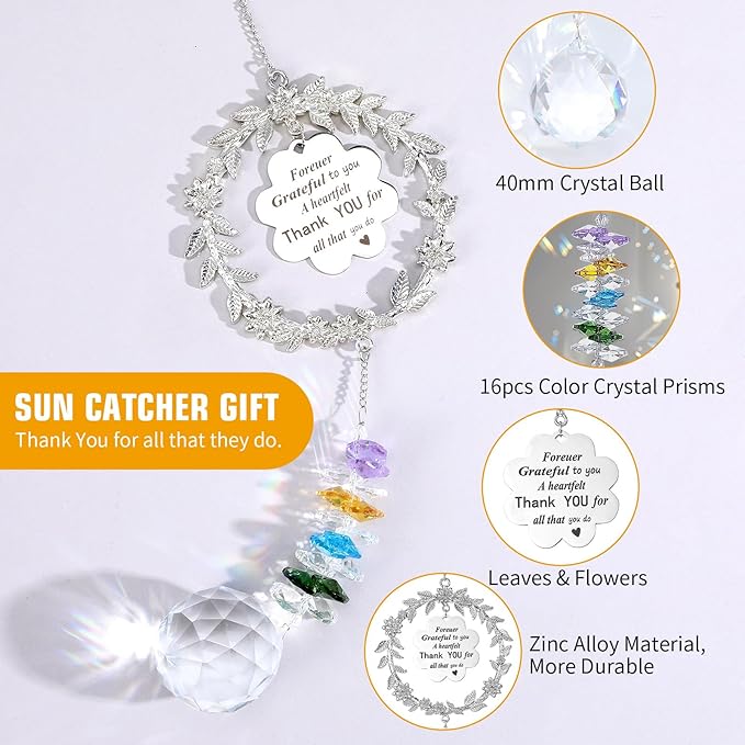 COMNICO Thank You Sun Catcher Gifts for Women, Friend Suncatcher Gifts with Engraved Thank You Message Colorful Crystal Hanging Ornament for Christmas Birthday Home Office Living Room Garden Decoratio