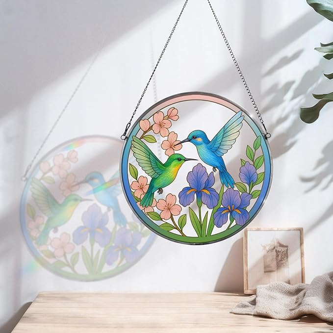 Hummingbird Stained Glass Suncather for Window Hanging, 8.6'' Hummingbird Ornament Gift for Women, Nature-Inspired Wall Art Home Decor Gifts for Mom, Grandma (Green & Blue, 8.6'')