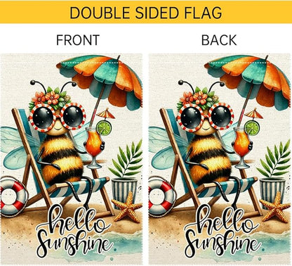 Welcome Summer Tropical Garden Flag Bee Swim Rings Beach Wooden Chair Sun Umbrella Garden Flags 12x18 Inch Double Sided Small Burlap Outside Decorations