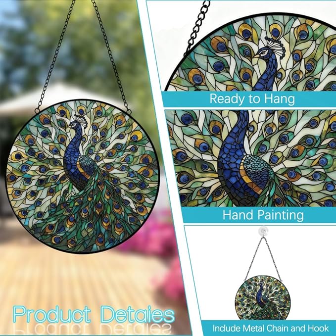 Peacock Decor Suncatcher Stained Glass Window Hanging - 8 Inch Colorful Suncatchers for Windows Hanging - Handmade Sun Catchers Glass Panel with Hook and Chain - Birthday Gifts for Women Mom Friends