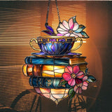 Floral Coffee Cup and Books Acrylic Suncatcher Stained Glass Effect Window Car Hanging Christmas Ornament Indoor Outdoor Decor Garden Sun Catcher Panel for Book Lover for Women Mom Grandma