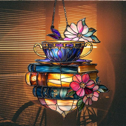 Floral Coffee Cup and Books Acrylic Suncatcher Stained Glass Effect Window Car Hanging Christmas Ornament Indoor Outdoor Decor Garden Sun Catcher Panel for Book Lover for Women Mom Grandma