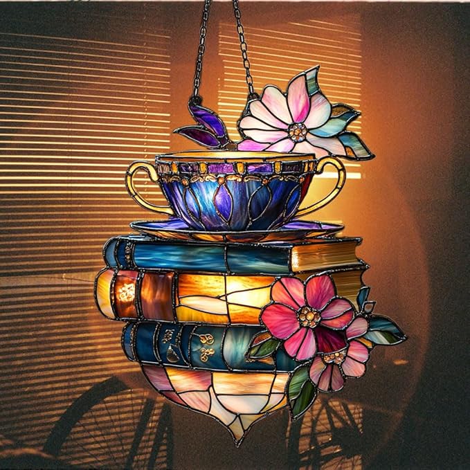Floral Coffee Cup and Books Acrylic Suncatcher Stained Glass Effect Window Car Hanging Christmas Ornament Indoor Outdoor Decor Garden Sun Catcher Panel for Book Lover for Women Mom Grandma