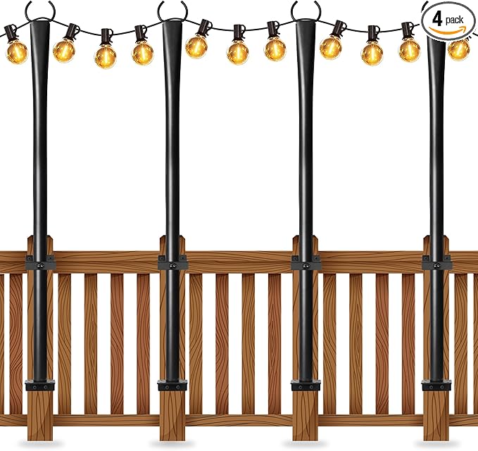 4 Pack String Light Poles for Deck, 5Ft Heavy-Duty Metal Deck Light Poles for Outside with Fixing Clips, Lighting Hanging Post Accessories for Patio Decor Garden Backyard Yard Fence Porch Decorations