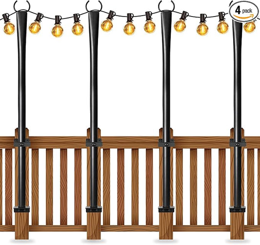 4 Pack String Light Poles for Deck, 5Ft Heavy-Duty Metal Deck Light Poles for Outside with Fixing Clips, Lighting Hanging Post Accessories for Patio Decor Garden Backyard Yard Fence Porch Decorations