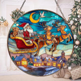 Santa Sleigh Christmas Mosaic Effect Acrylic Suncatcher Stained Glass Effect Window Car Hanging Christmas Ornament Indoor Outdoor Decor Garden Sun Catcher Panel for Women Mom Grandma