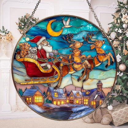 Santa Sleigh Christmas Mosaic Effect Acrylic Suncatcher Stained Glass Effect Window Car Hanging Christmas Ornament Indoor Outdoor Decor Garden Sun Catcher Panel for Women Mom Grandma